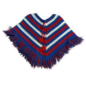Vtg Handmade Knitted Childs Poncho With Fringe Trim Bold Stripes Red White Blue